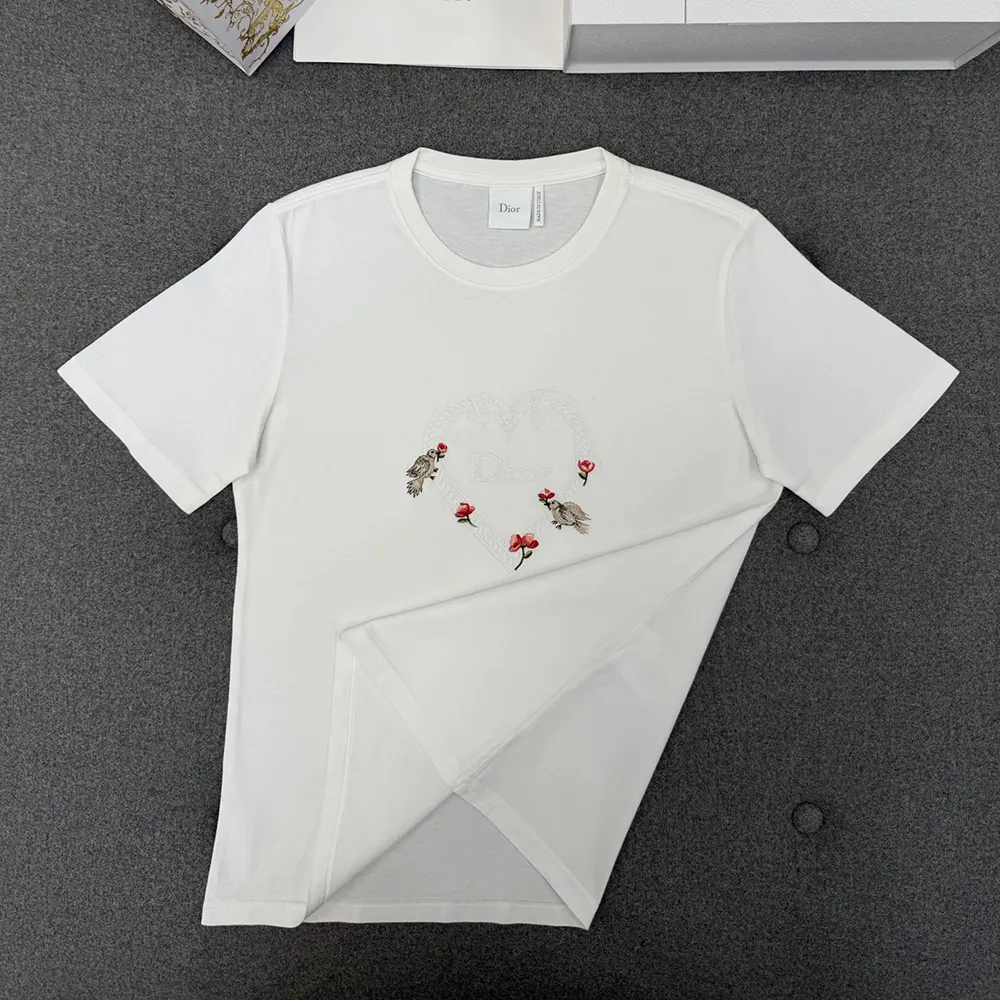 Dior Women Dioramour Fitted T-Shirt White Cotton Jersey with Multicolor Doves & Roses Motif - image 5