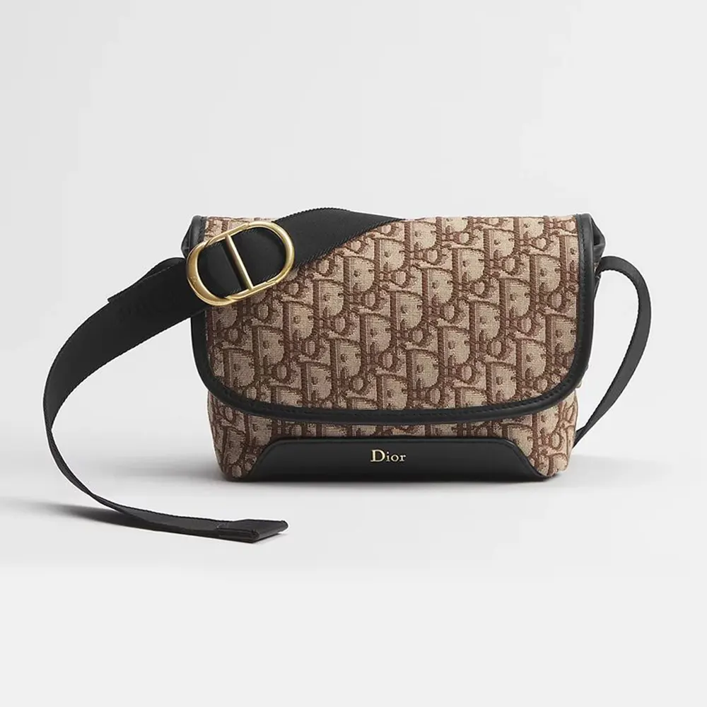 Front view of Dior Men Mini Dior Jett Messenger Bag in brown jacquard
