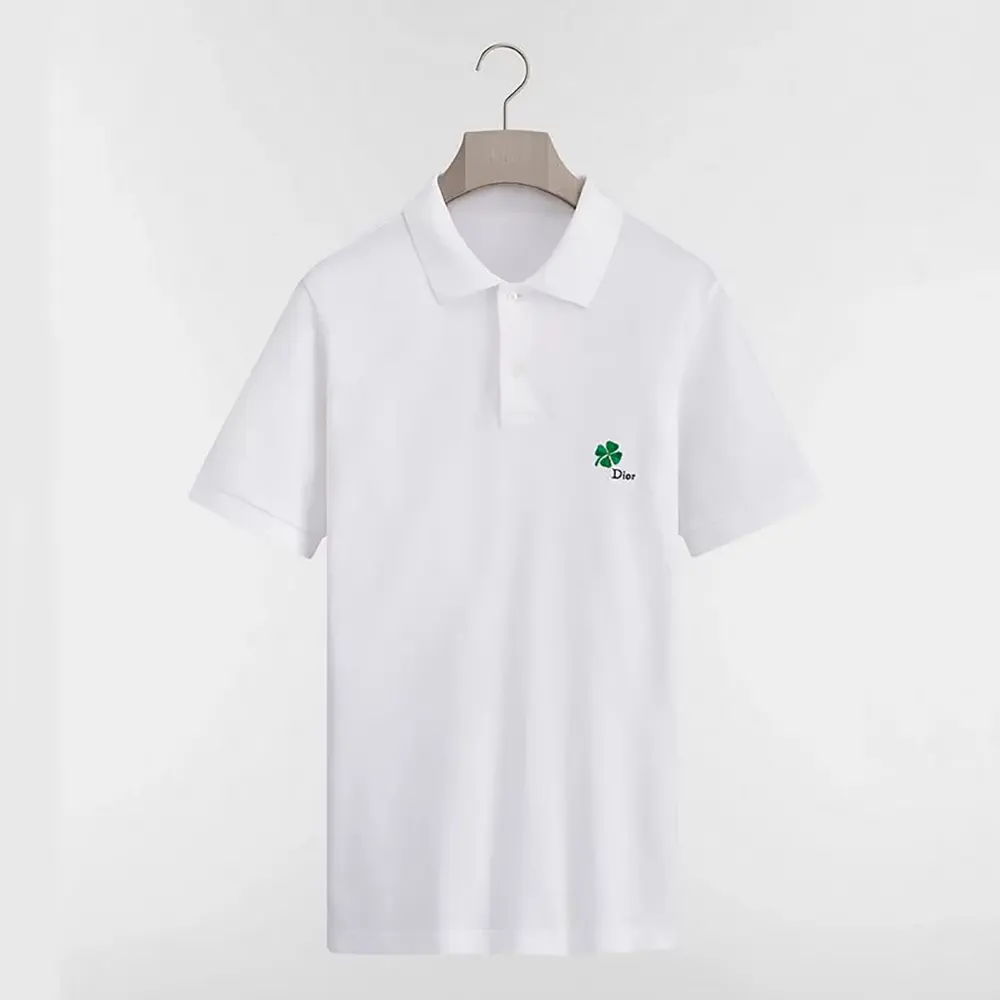 Front view of Dior Women Polo Shirt with Dior Clover Embroidery in white cotton