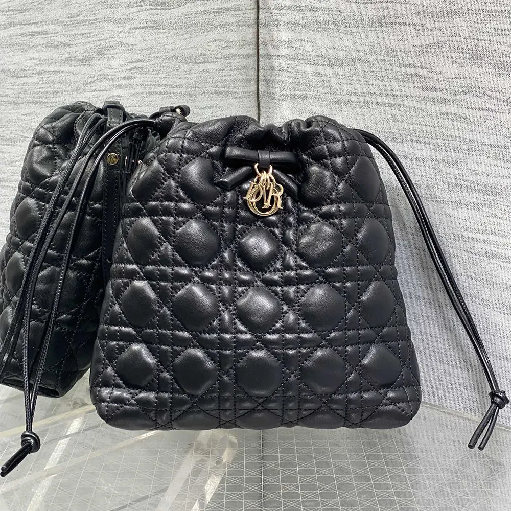 Side angle showing drawstring closure of Dior Women Adiorable Mini Bucket Bag