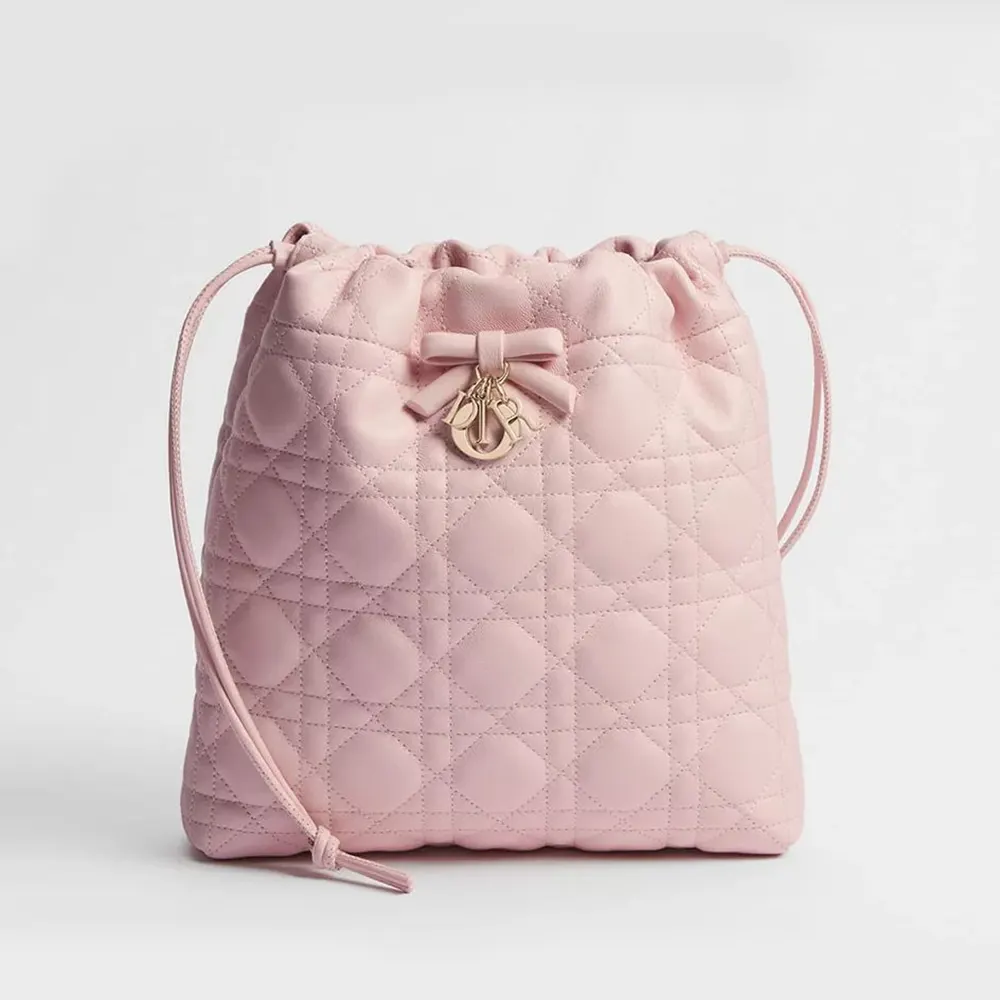 Front view of Dior Women Adiorable Mini Bucket Bag Soupir Pink Cannage Lambskin