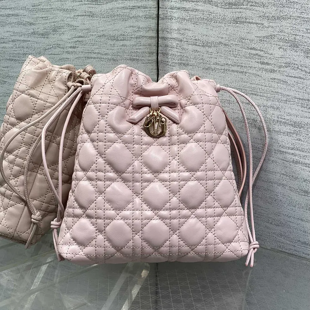 Side angle showing drawstring closure of Dior Women Adiorable Mini Bucket Bag
