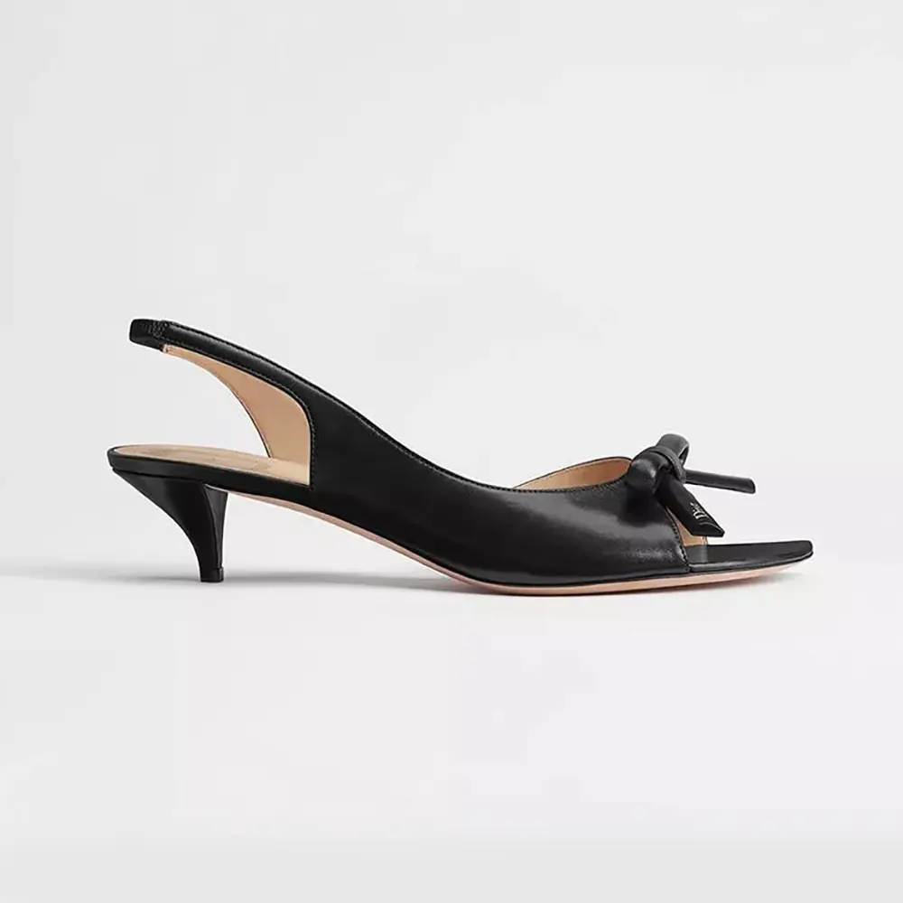 Side view of Dior Women Bow Heeled Slingback Sandal Black Lambskin
