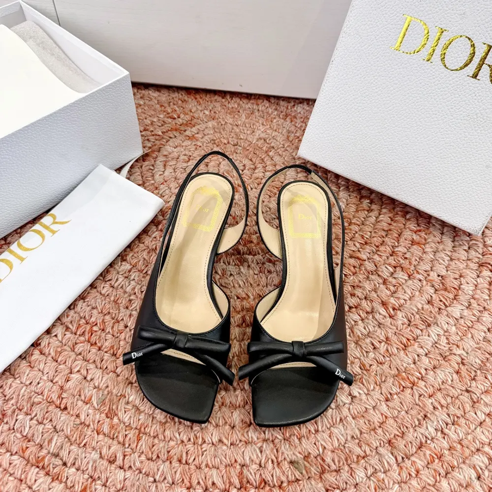 Close-up of bow detail on Dior Women Bow Heeled Slingback Sandal Black Lambskin