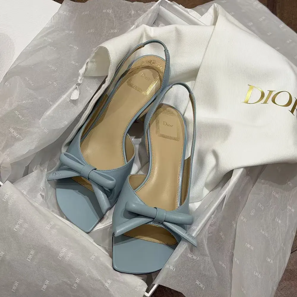 Close-up of bow detail on Dior Women Bow Heeled Slingback Sandal Bleu Ciel