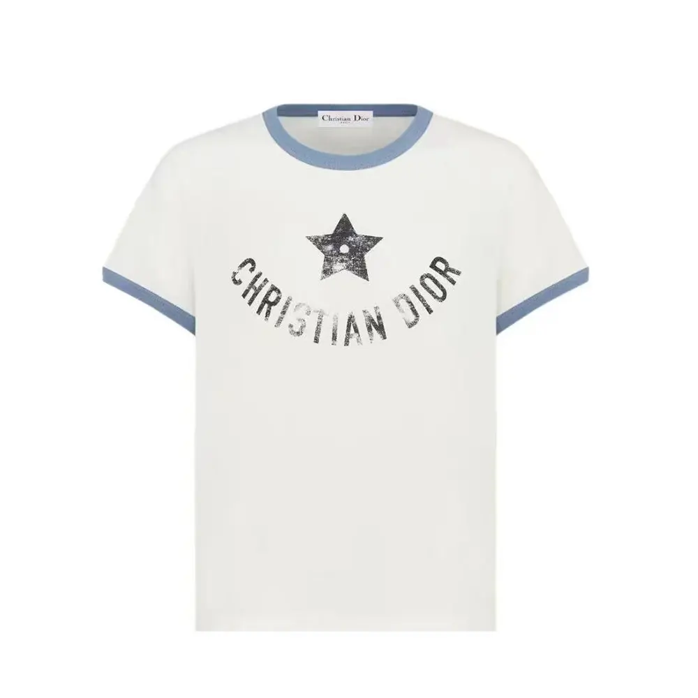 Front view of Dior Women Dioriviera T-Shirt Ecru and Blue Cotton Jersey