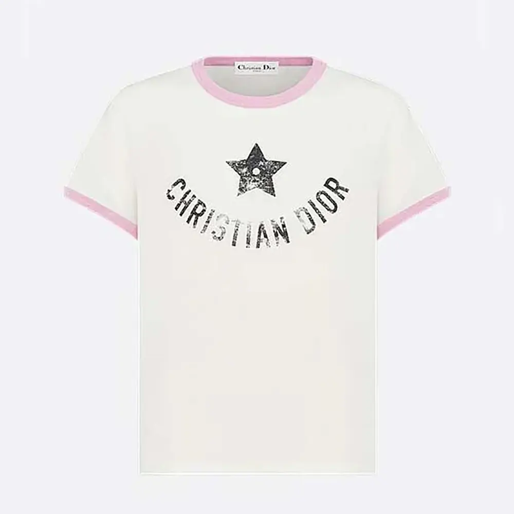Front view of Dior Women Dioriviera T-Shirt Ecru and Pink Cotton Jersey