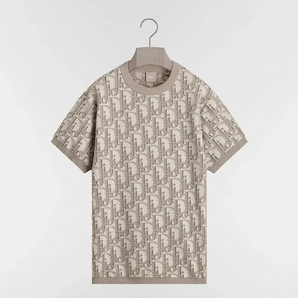 Front view of Dior Men Oblique T-Shirt Regular Fit Beige cotton-wool-silk jacquard