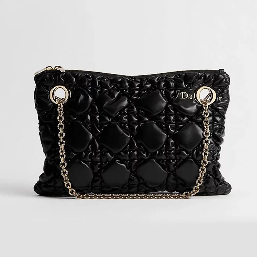 Front view of Dior Women Small Dior Crunchy Bag Black Puffy Macrocannage Calfskin