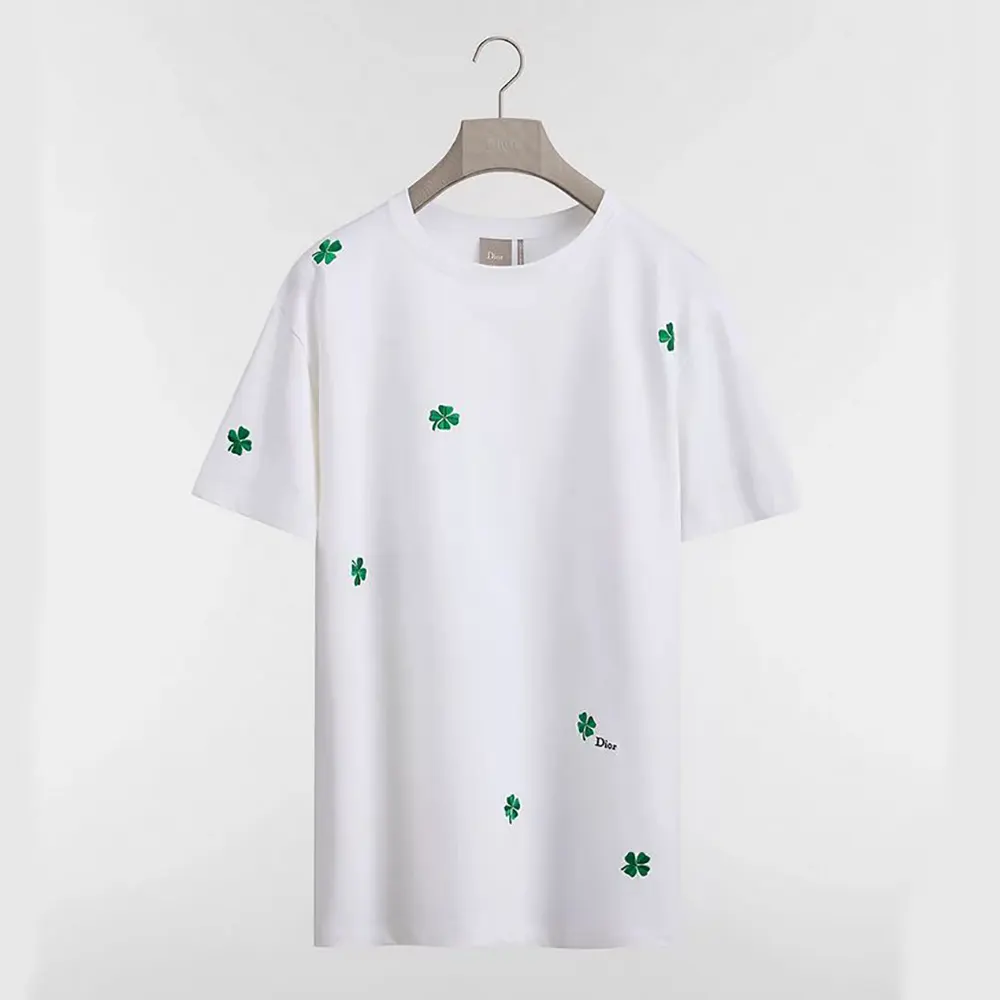 Front view of Dior Women T-Shirt with Dior Clover Embroidery white cotton jersey