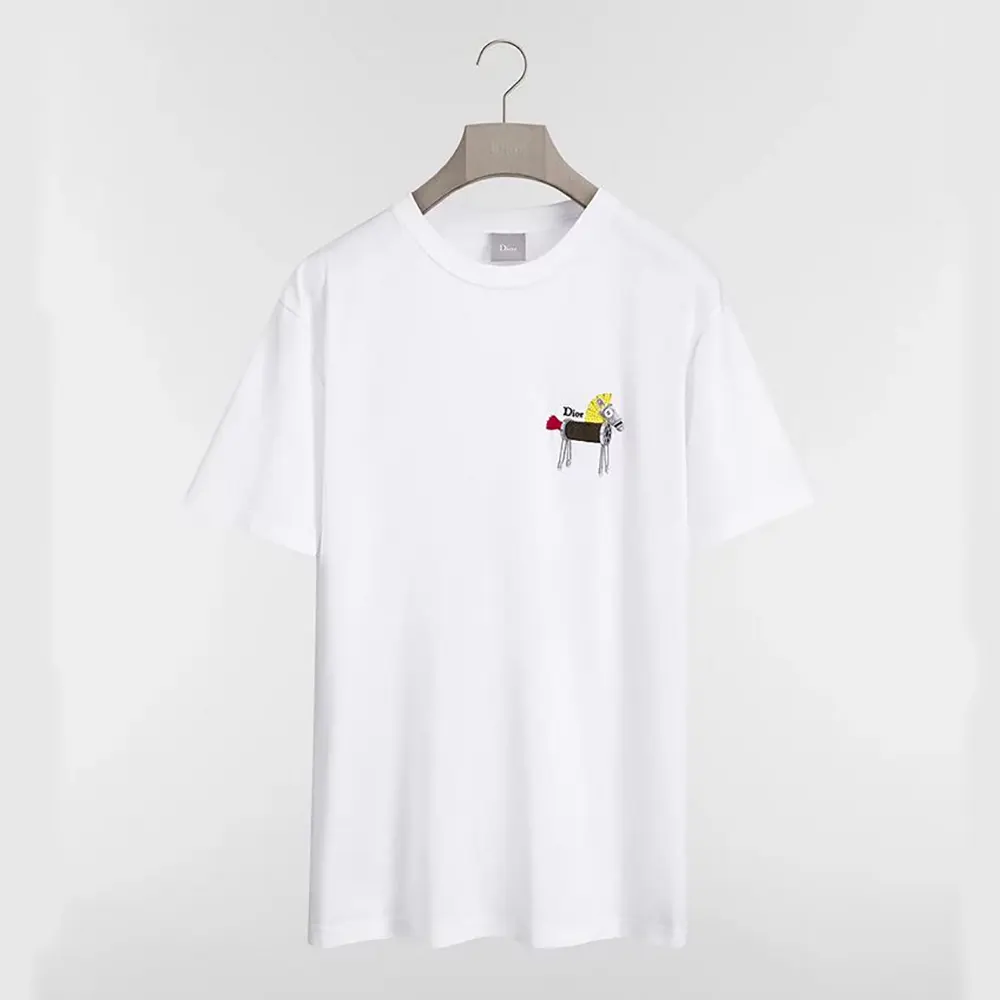 Front view of Dior Men T-Shirt with Horse Embroidery Relaxed Fit White Cotton Jersey