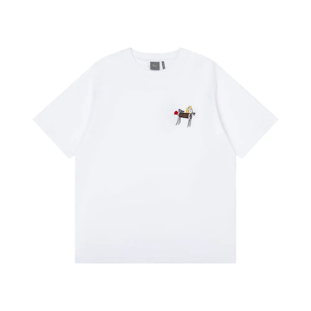 Close-up on horse embroidery detail on Dior Men T-Shirt white cotton jersey