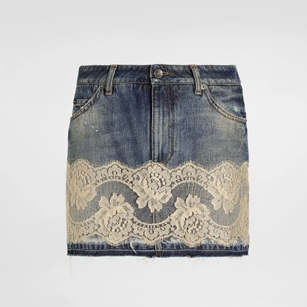 Front view of Dolce Gabbana D&G Women Denim Skirt with Lace in navy