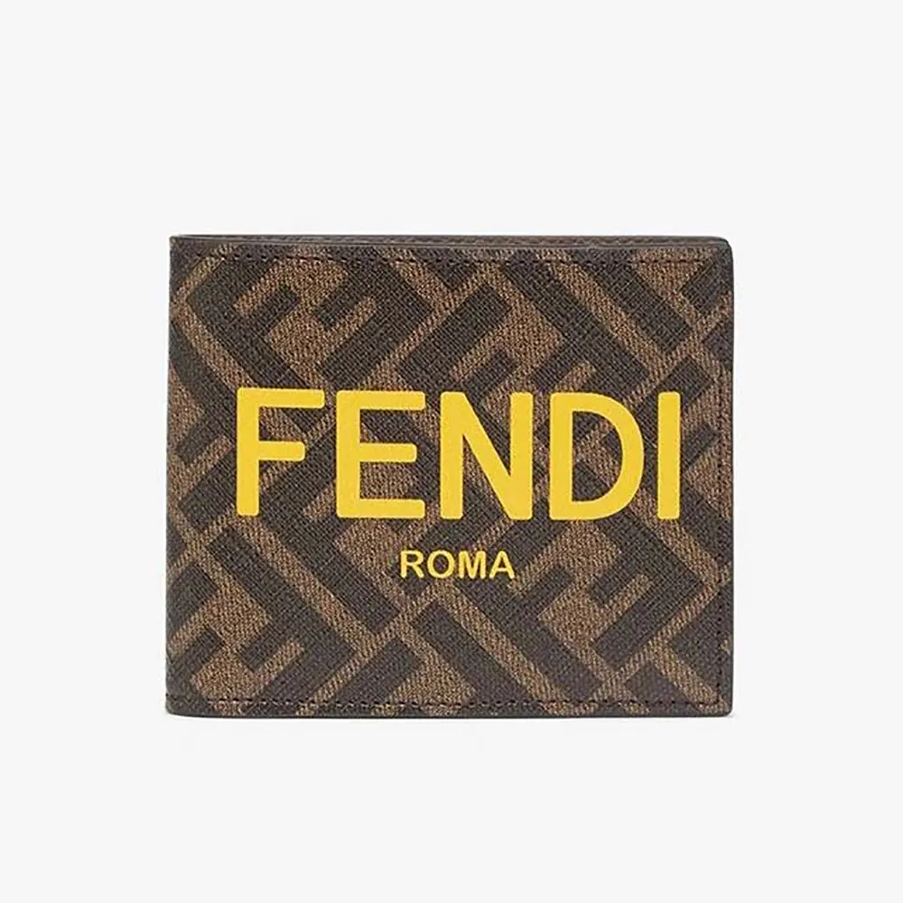 Front angle of Fendi Men Bi-Fold Wallet in ROMA Logo FF Motif Fabric Brown
