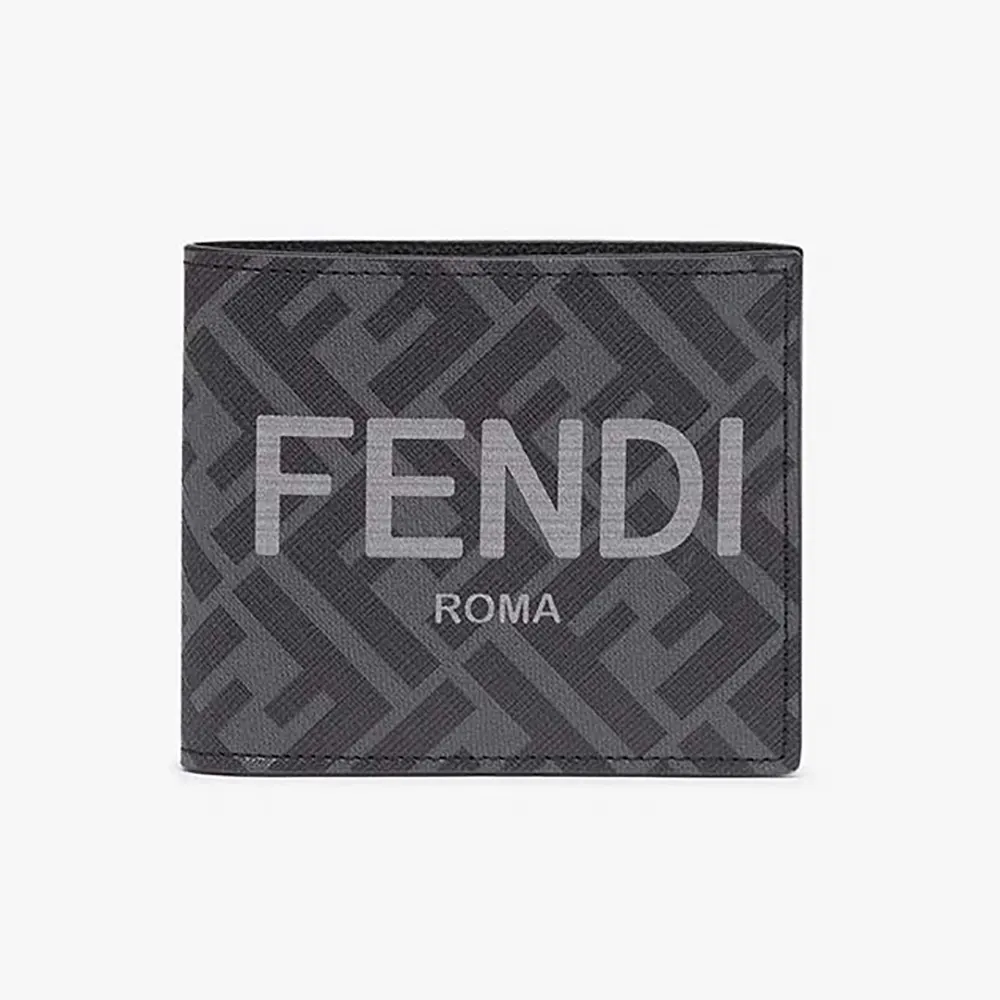 Front view of Fendi Men Bi-Fold Wallet in ROMA Logo FF Motif Fabric Gray
