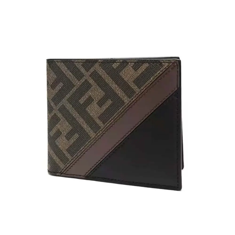 Front view of Fendi Men Bi-Fold Wallet in FF Motif Fabric Brown Coffee