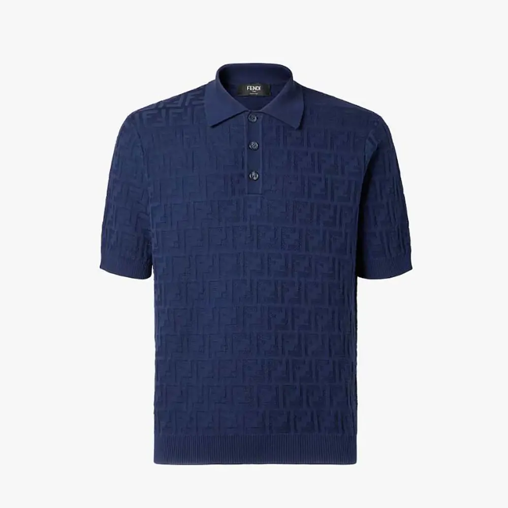 Front view of Fendi Men Dark Blue Cotton Tricot Polo Shirt in navy
