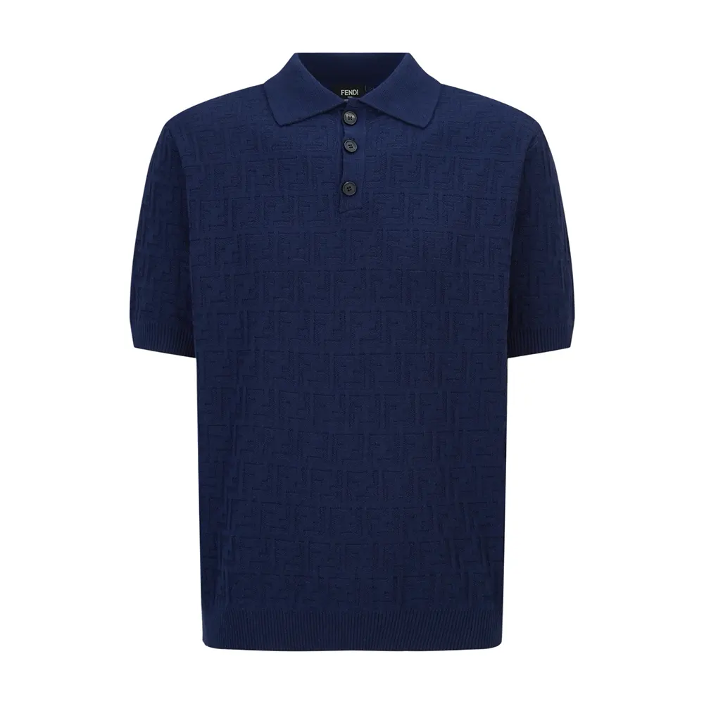 Close-up of Fendi logo detail on dark blue cotton tricot polo shirt