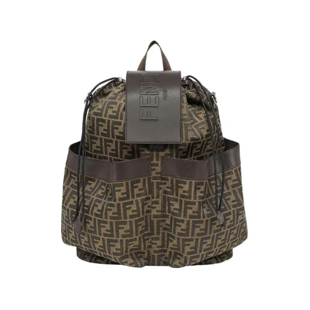 Front view of Fendi Men Strike Medium FF Jacquard Fabric Backpack-Brown