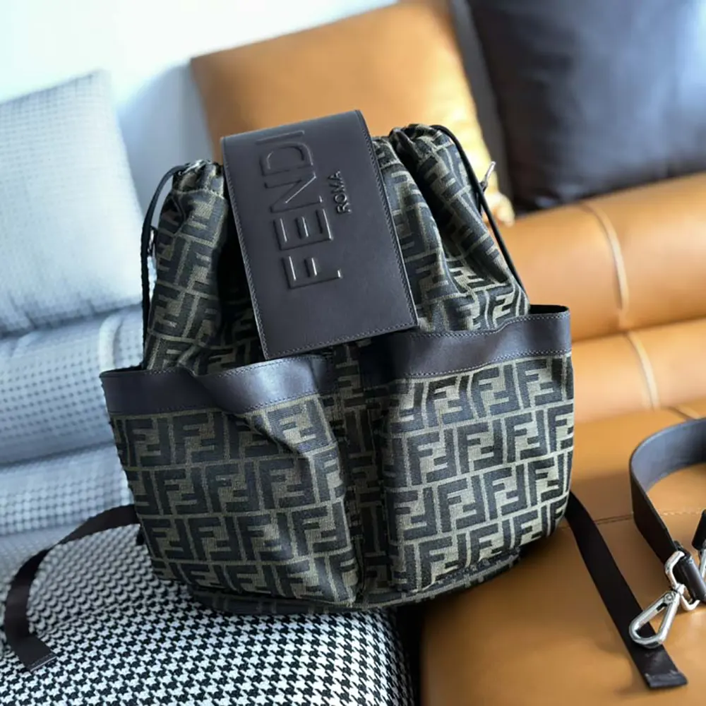 Close-up of gold hardware and jacquard fabric on Fendi backpack