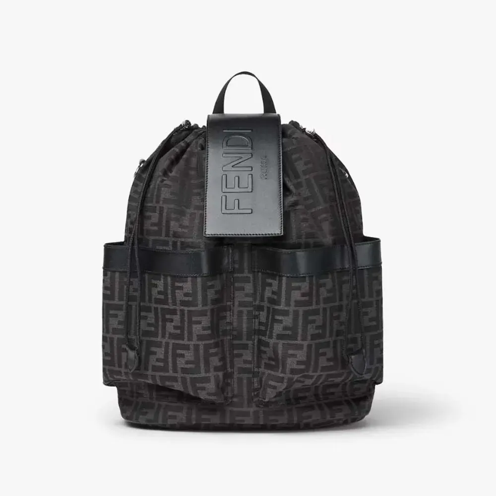 Front view of Fendi Men Strike Medium FF Jacquard Fabric Backpack-Gray