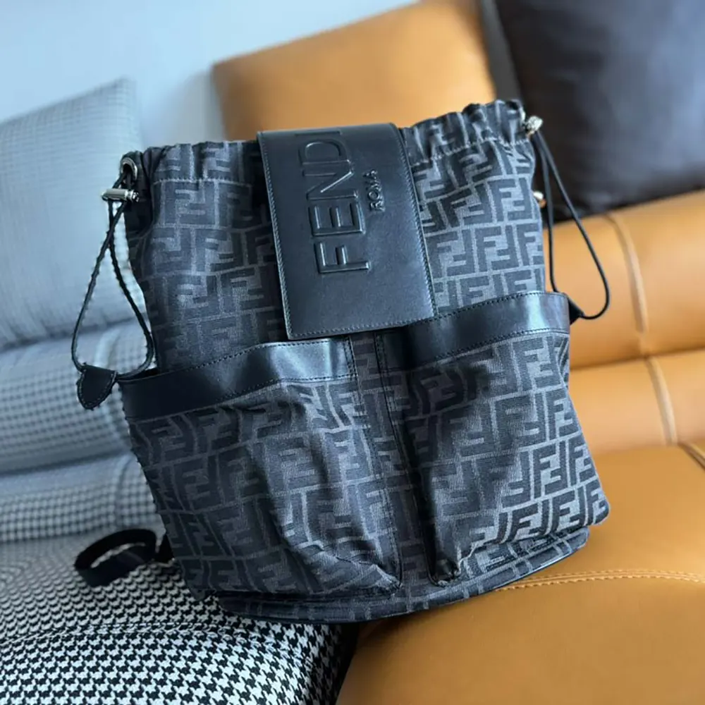 Close-up detail of FF jacquard fabric on Fendi backpack