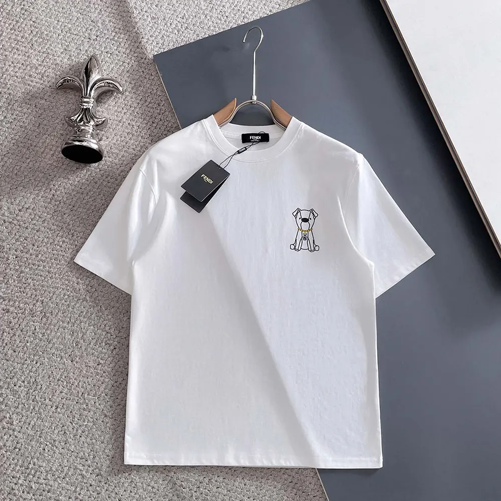 Close-up detail of Fendi logo embroidery on white cotton T-shirt