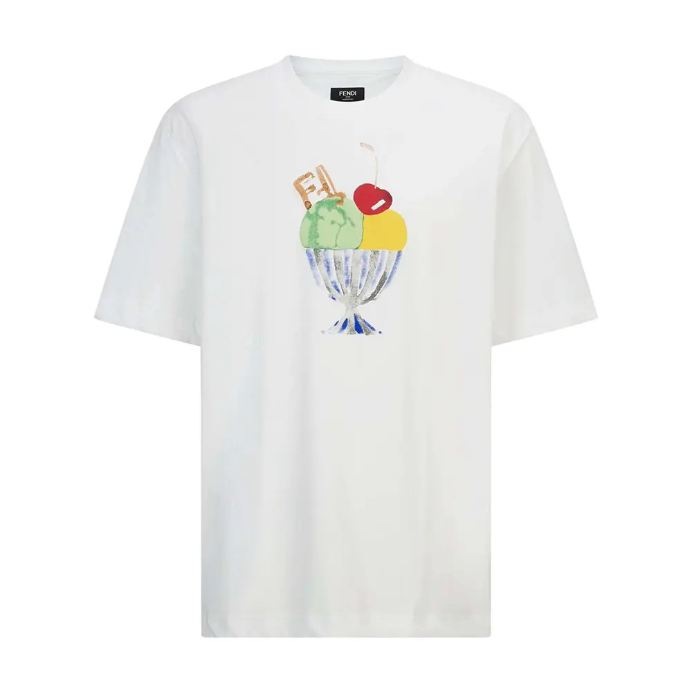 Close-up detail of Fendi logo on white cotton T-shirt