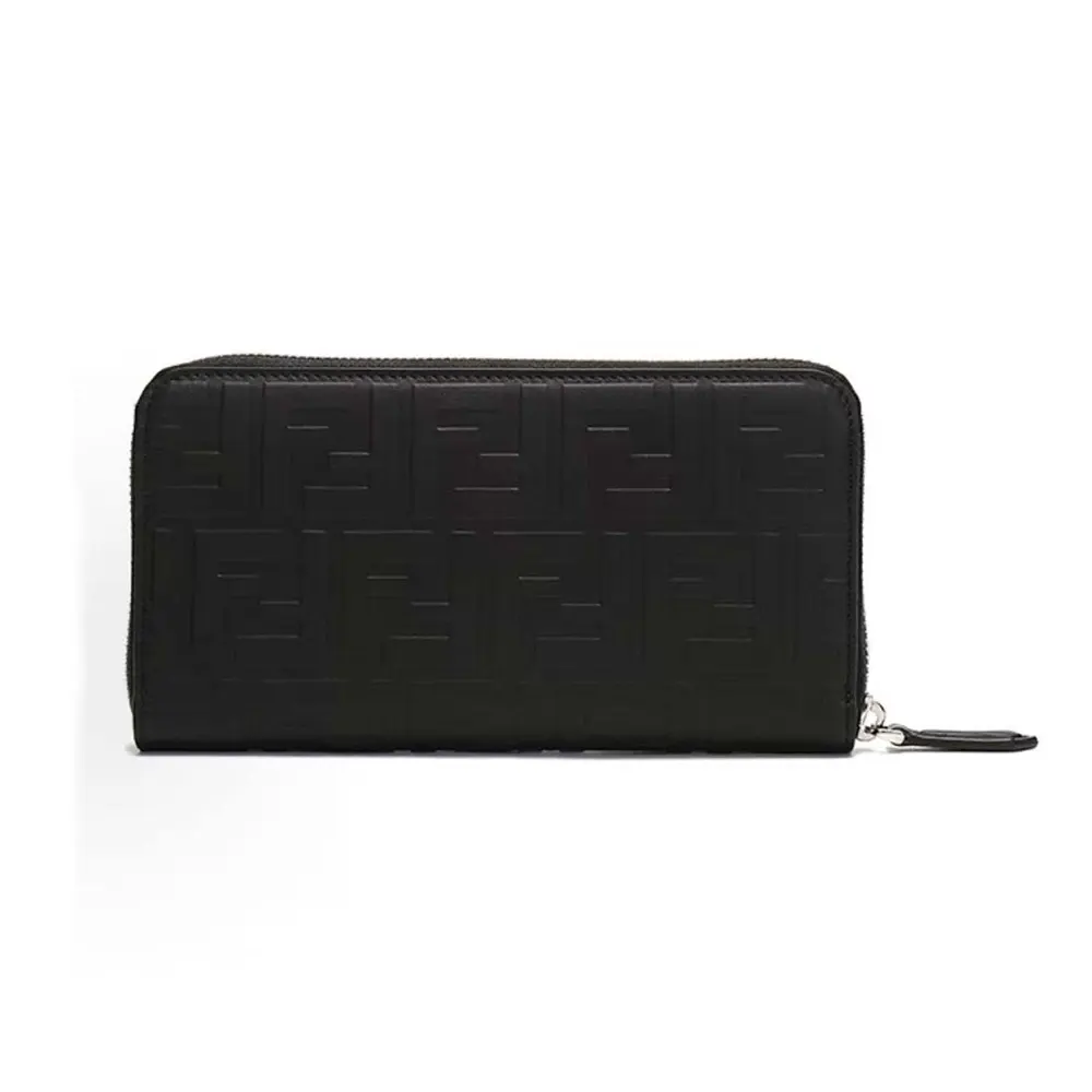 Front view of Fendi Men Zip Around Wallet in black nappa leather