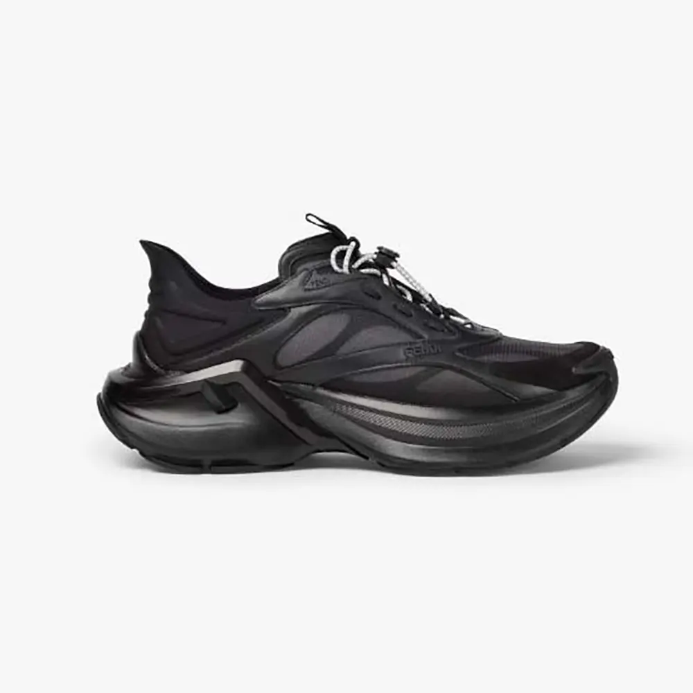 Side profile of Fendi Unisex F-Light Sneakers Black Leather and Mesh Running Shoes