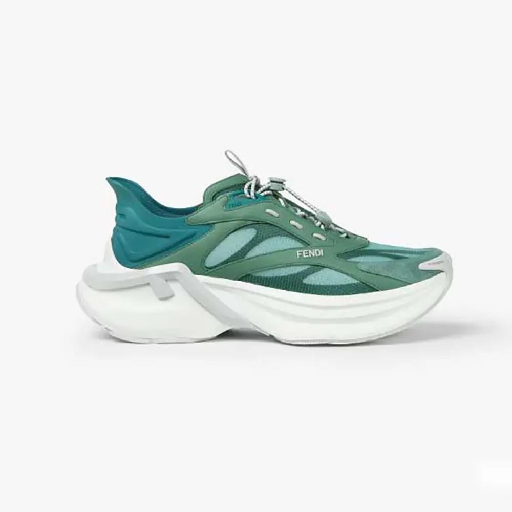 Side view of Fendi Unisex F-Light Sneakers Green Mesh and Leather Running Shoes
