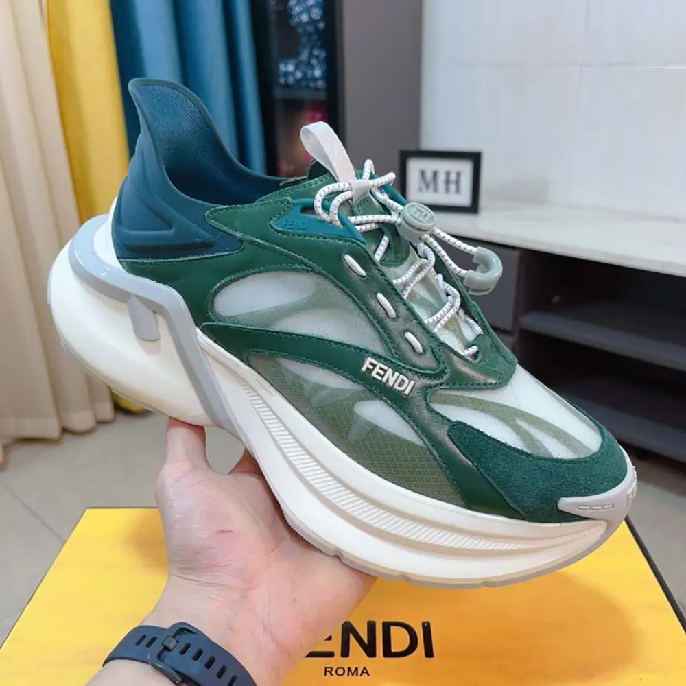 Fendi Unisex F-Light Sneakers Green Mesh and Leather Running Shoes - image 4