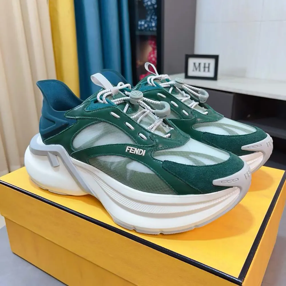 Close-up of green mesh and leather detail on Fendi Unisex F-Light Sneakers