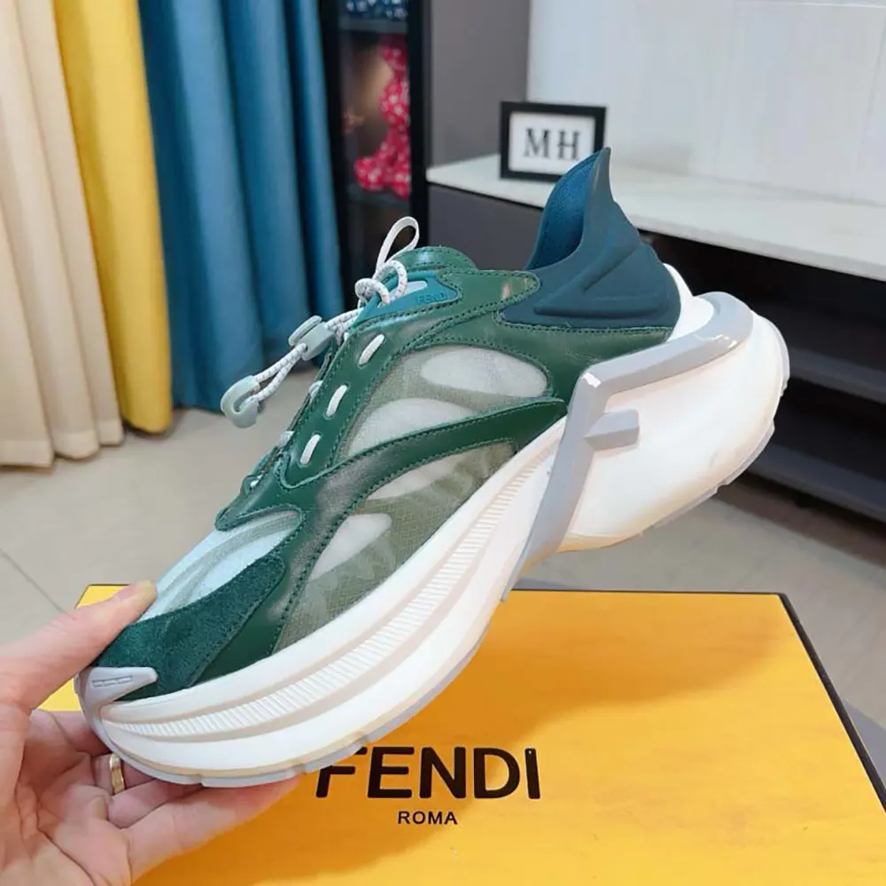 Fendi Unisex F-Light Sneakers Green Mesh and Leather Running Shoes - image 5