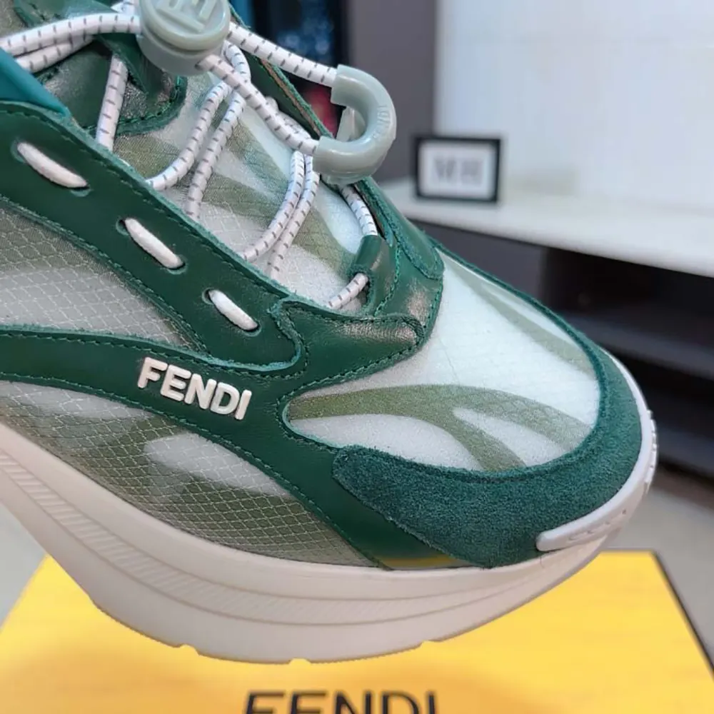 Fendi Unisex F-Light Sneakers Green Mesh and Leather Running Shoes - image 7