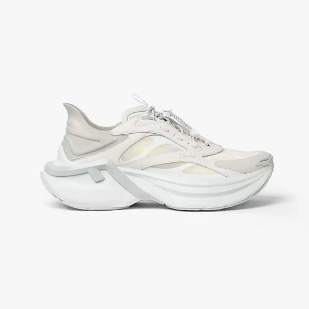 Side profile of Fendi Unisex F-Light Sneakers White Leather and Mesh