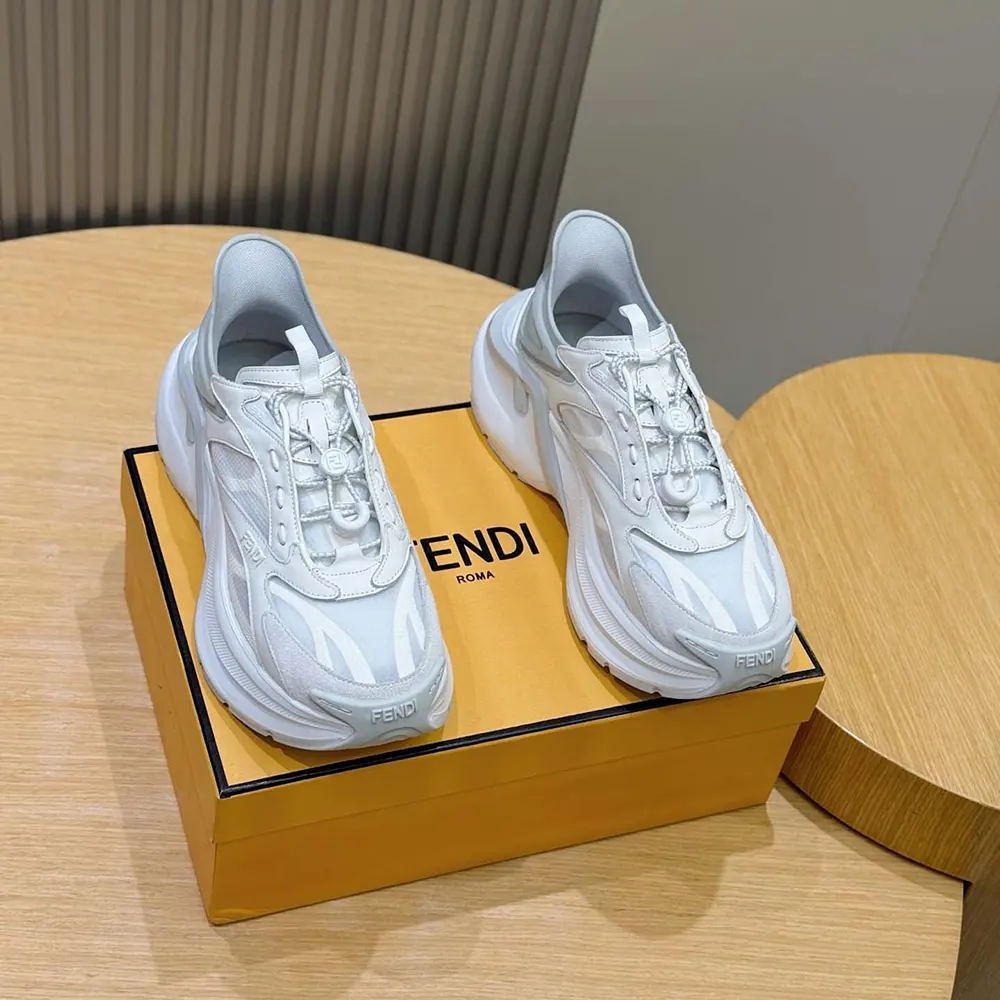 Close-up of embossed Fendi logo on F-Light Sneakers in white