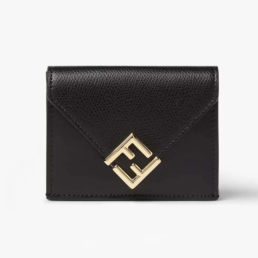 Front view of Fendi Unisex FF Diamonds Wallet Black Leather Wallet showing embossed pattern