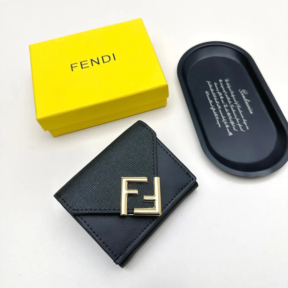 Side angle showcasing zip closure of Fendi Unisex FF Diamonds Wallet Black Leather Wallet