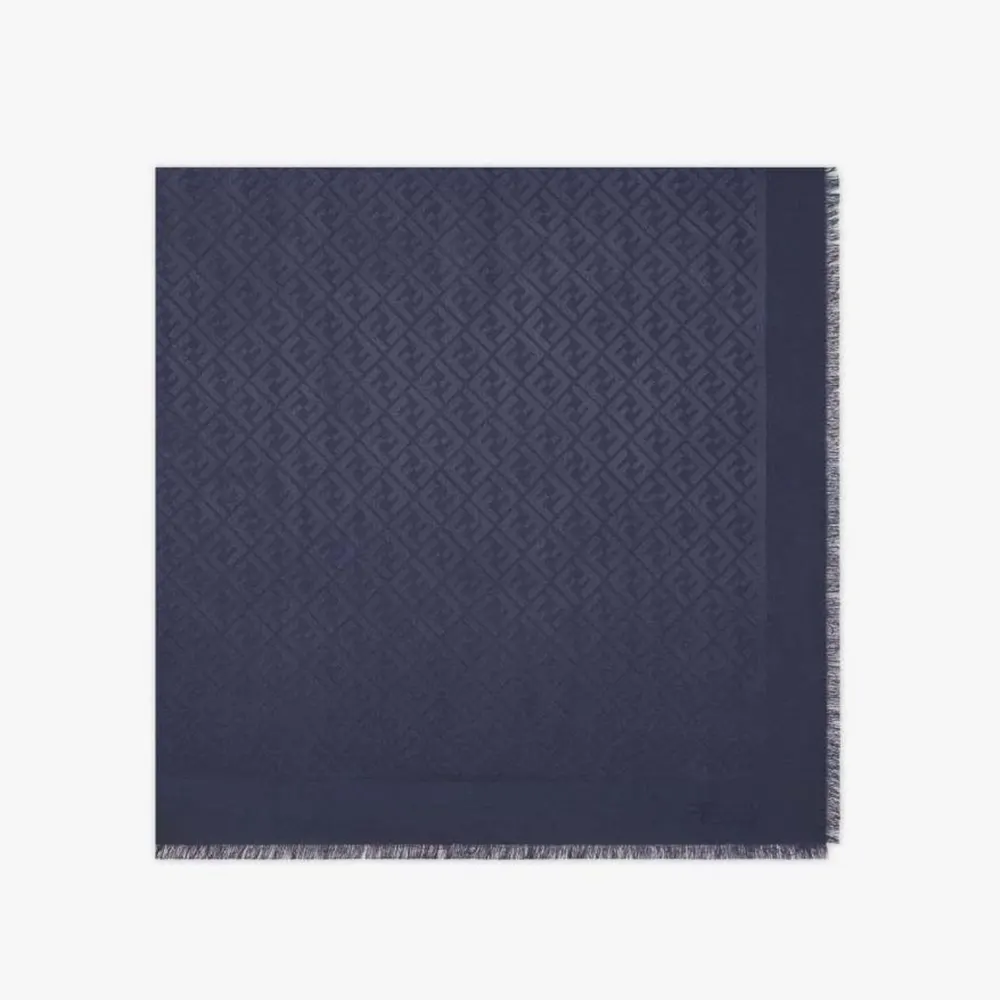 Front view of Fendi Unisex FF Navy Blue Silk and Wool Shawl draped