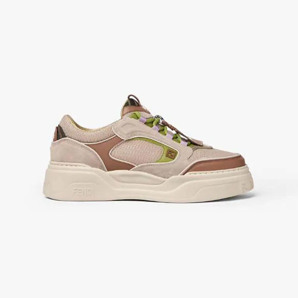 Side view of Fendi Unisex Force Sneakers Beige Mesh and Brown Leather Low-tops