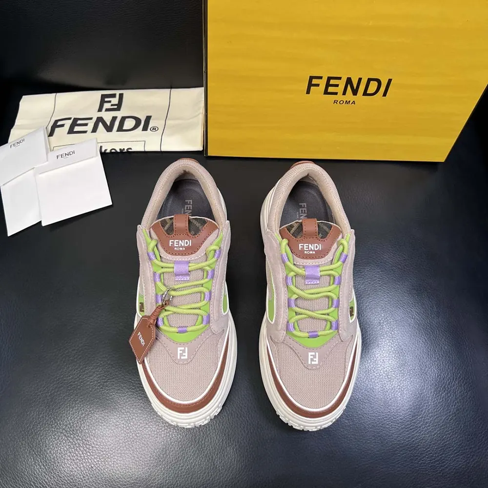 Close-up of brown leather and beige mesh detailing on Fendi Force Sneakers