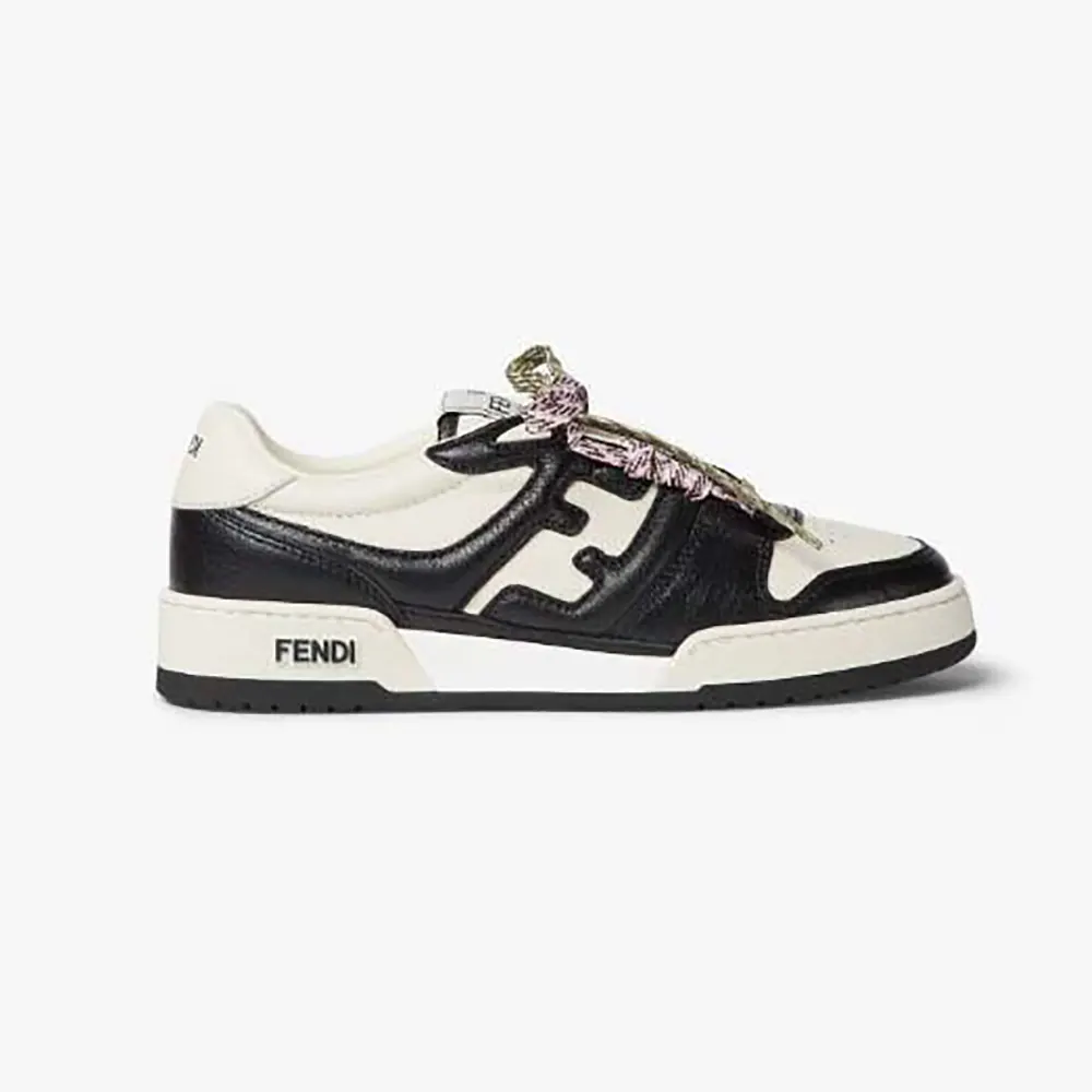 Side view of Fendi Unisex Match Black and White Leather Low-tops