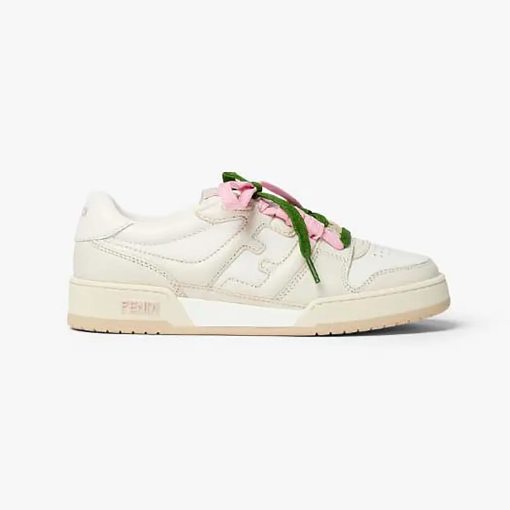 Side profile of Fendi Unisex Match White Leather Low-tops showing sleek silhouette