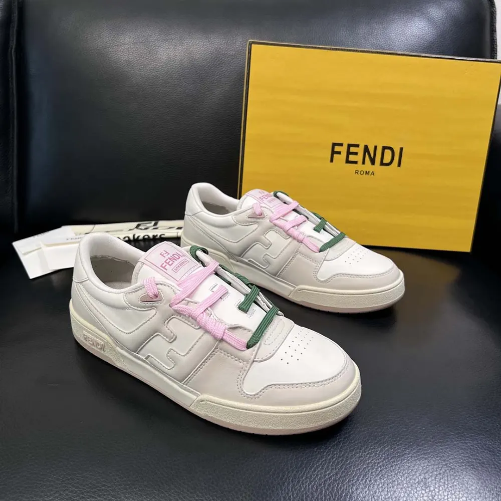 Top view of Fendi Unisex Match White Leather Low-tops with white laces