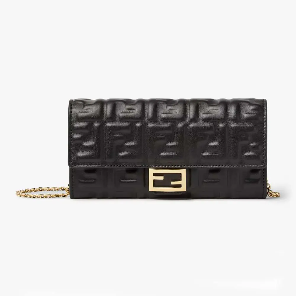 Front view of Fendi Women Baguette Continental Wallet with Chain Black Nappa Leather Wallet
