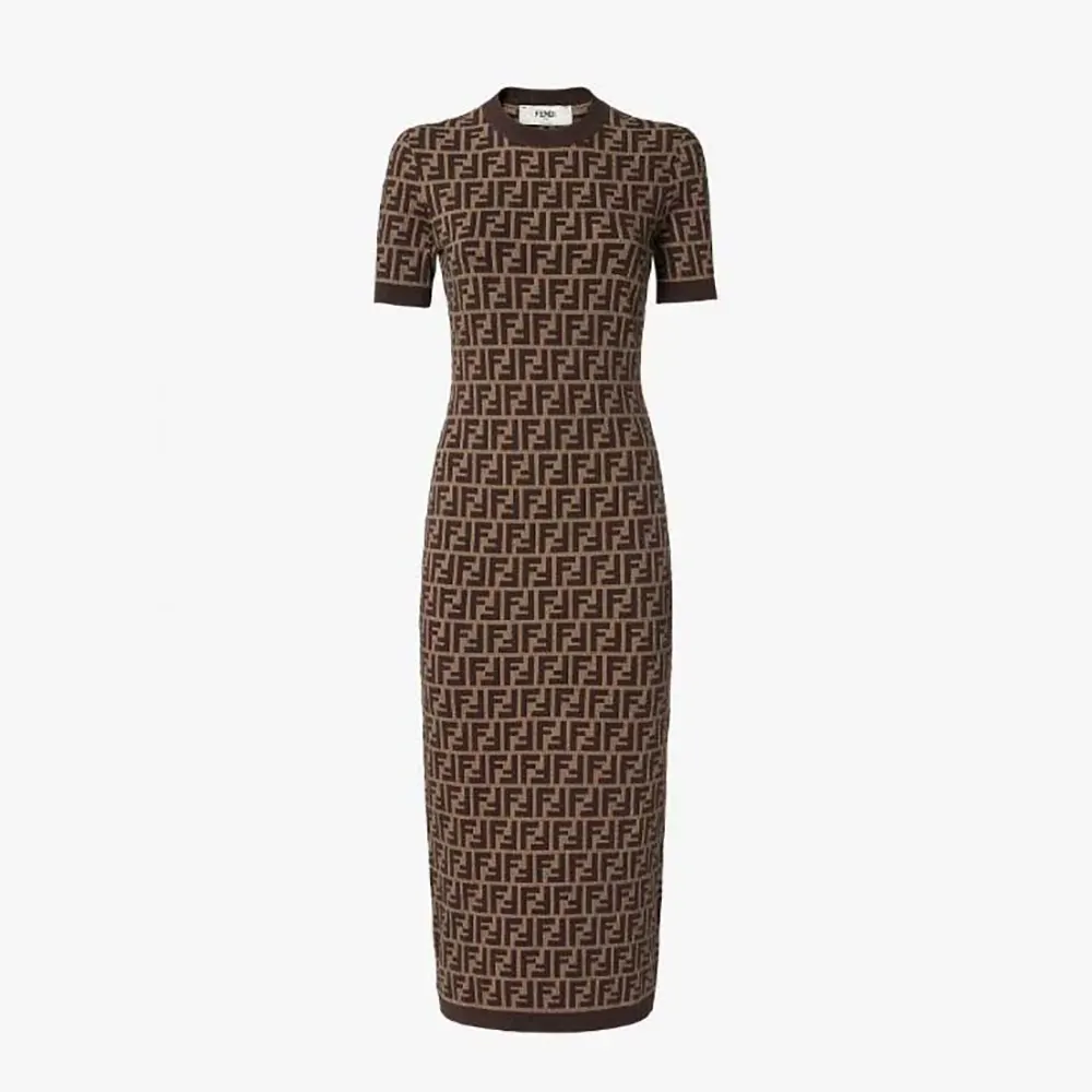 Front view of Fendi Women Brown FF Cotton Dress showing signature print