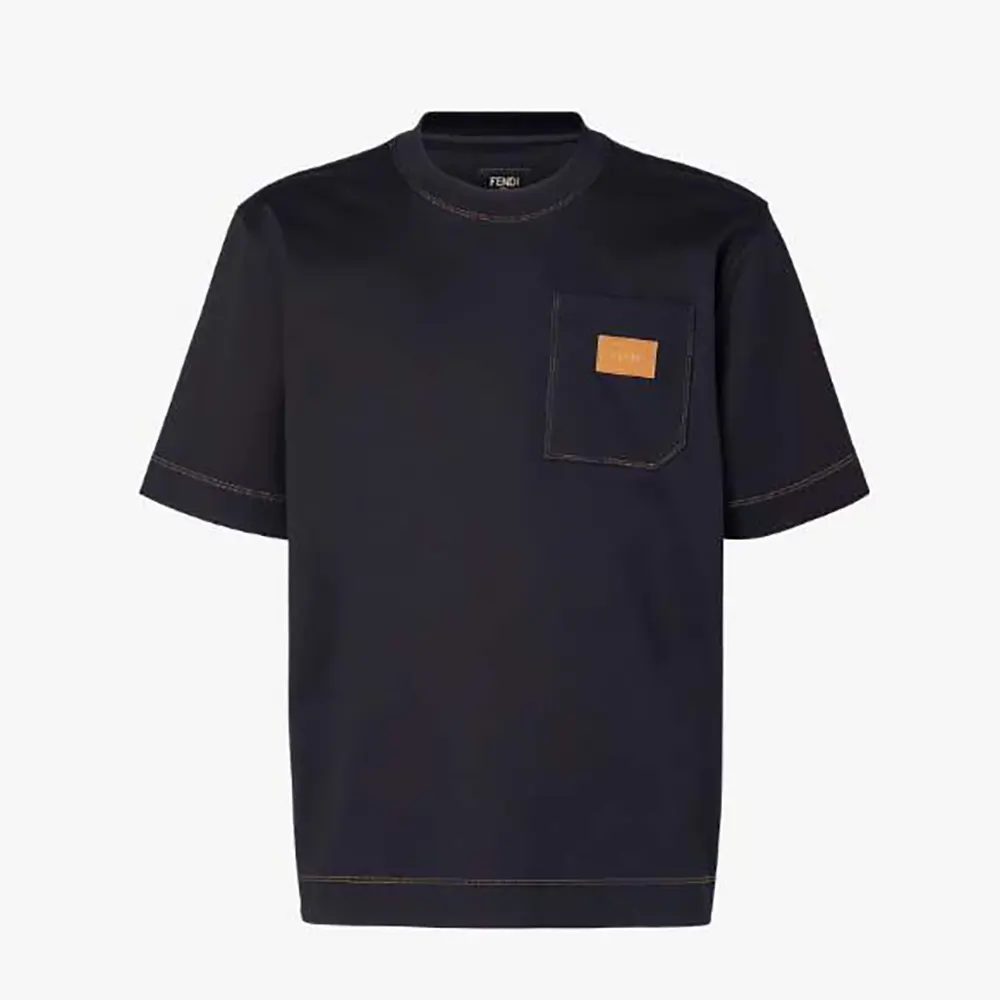 Front view of Fendi Men Dark Blue Cotton T-shirt black crew neck