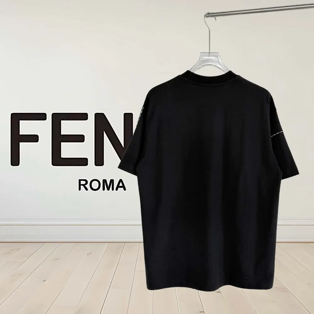Side angle showing slim fit of Fendi Men Dark Blue Cotton T-shirt