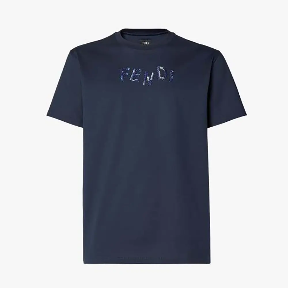 Front view of Fendi Men Dark Blue Cotton T-shirt in navy